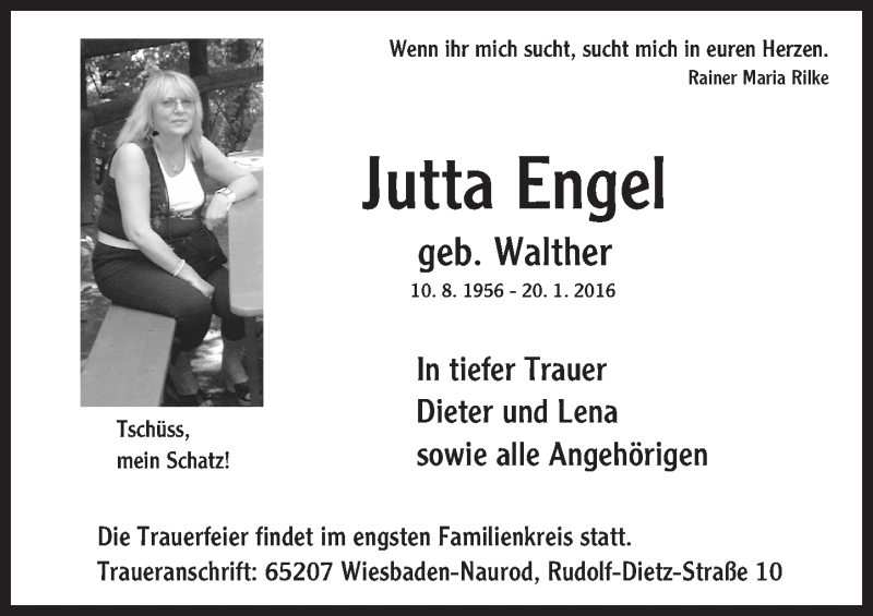  Traueranzeige für Jutta Engel vom 30.01.2016 aus  Wiesbaden komplett