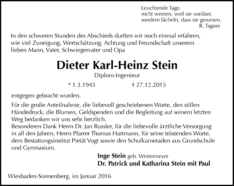  Traueranzeige für Dieter Karl-Heinz Stein vom 23.01.2016 aus  Wiesbaden komplett