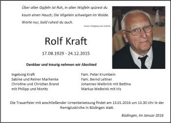 Traueranzeige von Rolf Kraft von  Kreisanzeiger