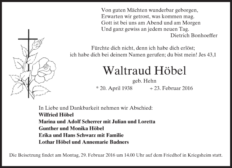  Traueranzeige für Waltraud Höbel vom 27.02.2016 aus  Wormser Zeitung