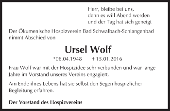 Traueranzeige von Ursel Wolf von  WK-UTA/Aar-Bote
