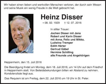 Traueranzeige von Heinz Disser von Trauerportal Echo Online
