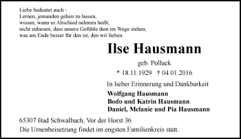 Traueranzeige von Ilse Hausmann von  WK-UTA/Aar-Bote