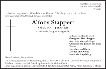 Traueranzeige von Alfons Stappert von  Allgemeine Zeitung Alzey