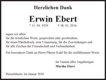 Traueranzeige von Erwin Ebert von  Mainspitze