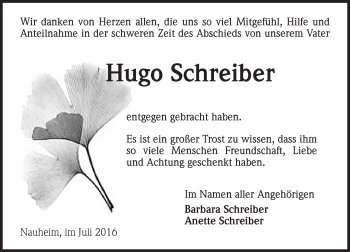 Traueranzeige von Hugo Schreiber von Trauerportal Echo Online