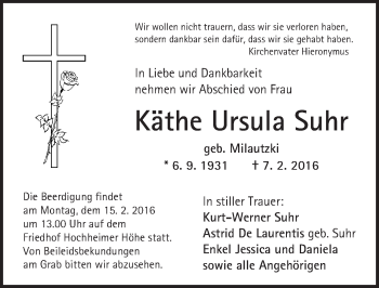 Traueranzeige von Käthe Ursula Suhr von  Wormser Zeitung