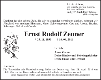 Traueranzeige von Ernst Rudolf Zeuner von  Landskrone