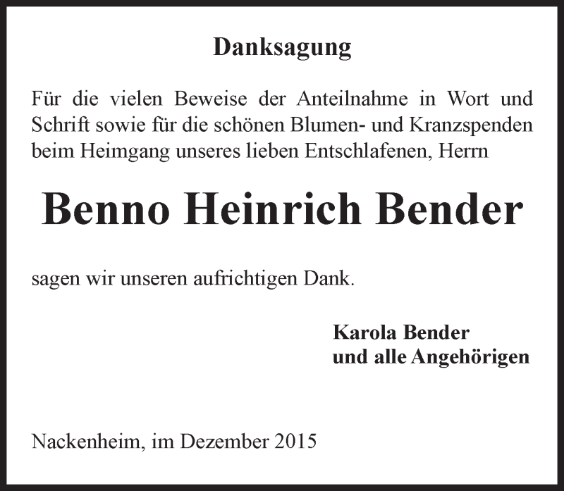  Traueranzeige für Benno Heinrich Bender vom 05.12.2015 aus  Landskrone