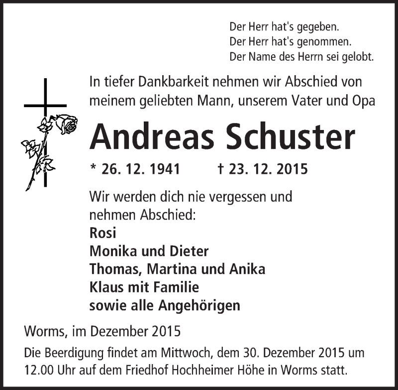  Traueranzeige für Andreas Schuster vom 29.12.2015 aus  Wormser Zeitung