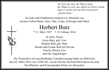 Traueranzeige von Herbert Butz von  Usinger Anzeiger
