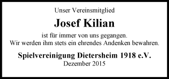 Traueranzeige von Josef Kilian von  Allgemeine  Zeitung Ingelheim-Bingen