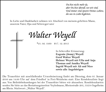 Traueranzeige von Walter Weyell von  Allgemeine  Zeitung Ingelheim-Bingen