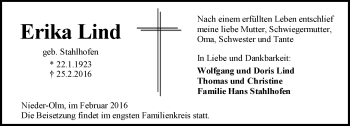 Traueranzeige von Erika Lind von  Allgemeine Zeitung Mainz