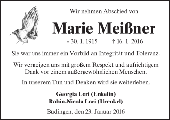 Traueranzeige von Marie Meißner von  Kreisanzeiger