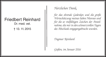 Traueranzeige von Friedbert Reinhard von  Gießener Anzeiger