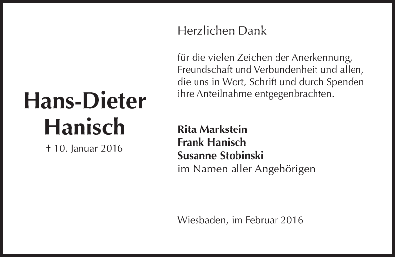  Traueranzeige für Hans-Dieter Hanisch vom 06.02.2016 aus  Wiesbaden komplett