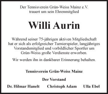 Traueranzeige von Willi Aurin von  Allgemeine Zeitung Mainz