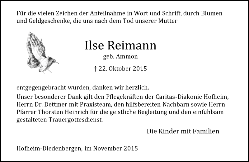  Traueranzeige für Ilse Reimann vom 13.11.2015 aus  Hofheimer Zeitung