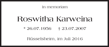 Traueranzeige von Roswitha Karweina von Trauerportal Rhein Main Presse