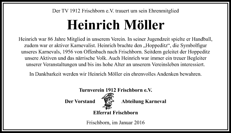  Traueranzeige für Heinrich Möller vom 29.01.2016 aus VRM Trauer