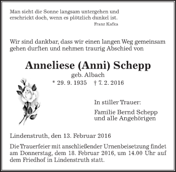 Traueranzeige von Anneliese Schepp von  Gießener Anzeiger