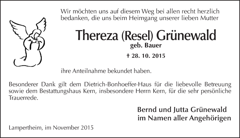  Traueranzeige für Thereza  Grünewald vom 14.11.2015 aus  Bürstädter Zeitung