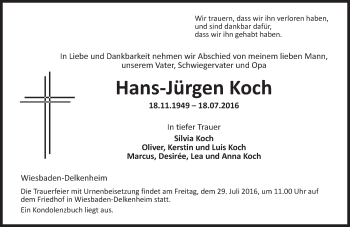 Traueranzeige von Hans-Jürgen Koch von Trauerportal Rhein Main Presse