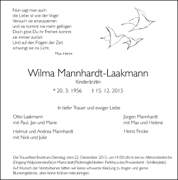 Traueranzeige von Wilma Mannhardt-Laakmann von  Allgemeine Zeitung Mainz