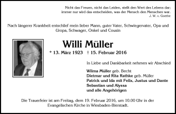 Traueranzeige von Willi Müller von  Wiesbaden komplett