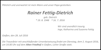 Traueranzeige von Rainer Fettig-Dietrich von  Gießener Anzeiger