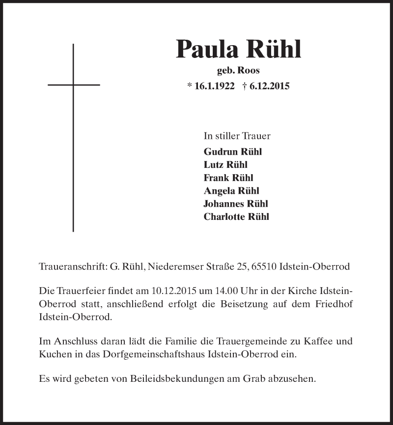  Traueranzeige für Paula Rühl vom 09.12.2015 aus  Idsteiner Zeitung