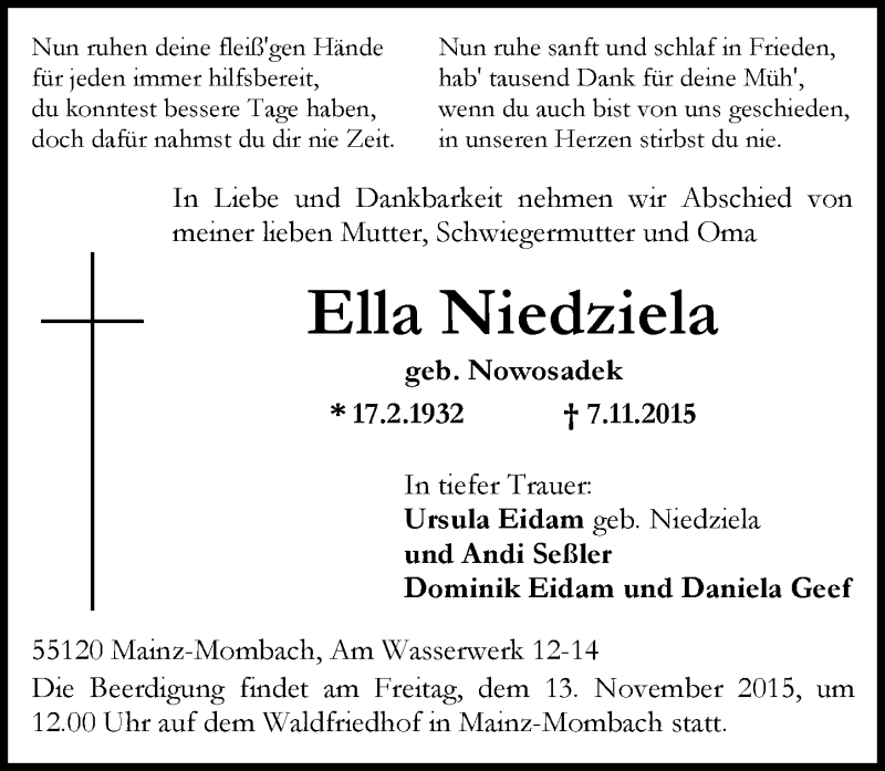  Traueranzeige für Ella Niedziela vom 10.11.2015 aus  Allgemeine Zeitung Mainz
