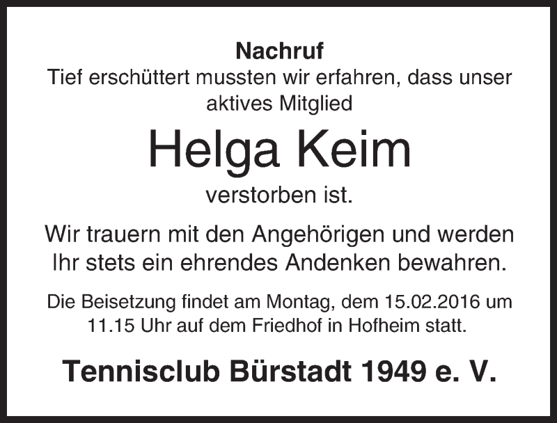  Traueranzeige für Helga Keim vom 06.02.2016 aus  Bürstädter Zeitung