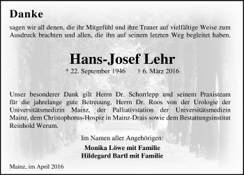 Traueranzeige von Hans-Josef Lehr von  Allgemeine Zeitung Mainz