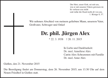 Traueranzeige von Jürgen Alex von  Gießener Anzeiger