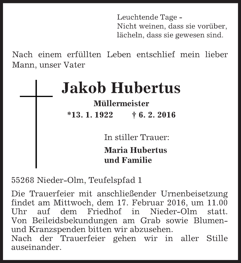  Traueranzeige für Jakob Hubertus vom 13.02.2016 aus  Allgemeine Zeitung Mainz