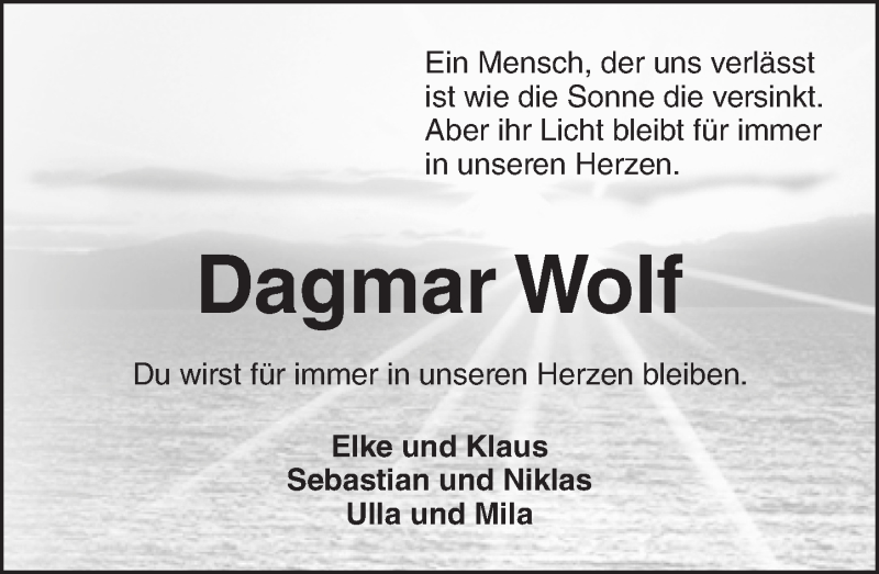  Traueranzeige für Dagmar Wolf vom 12.12.2015 aus  Allgemeine Zeitung Mainz