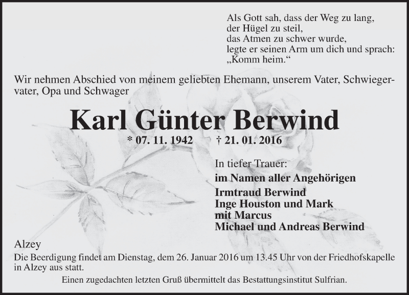  Traueranzeige für Karl Günter Berwind vom 23.01.2016 aus  Allgemeine Zeitung Alzey