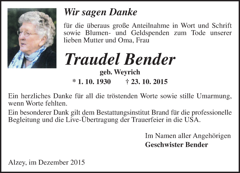  Traueranzeige für Traudel Bender vom 12.12.2015 aus  Allgemeine Zeitung Alzey