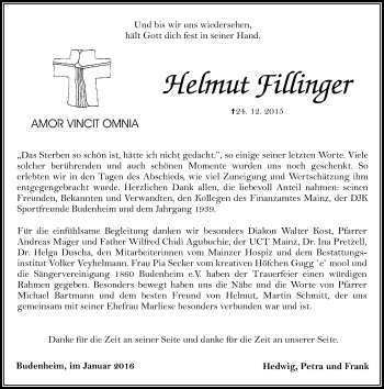 Traueranzeige von Helmut Fillinger von  Allgemeine Zeitung Mainz