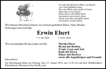 Traueranzeige von Erwin Ebert von  Mainspitze