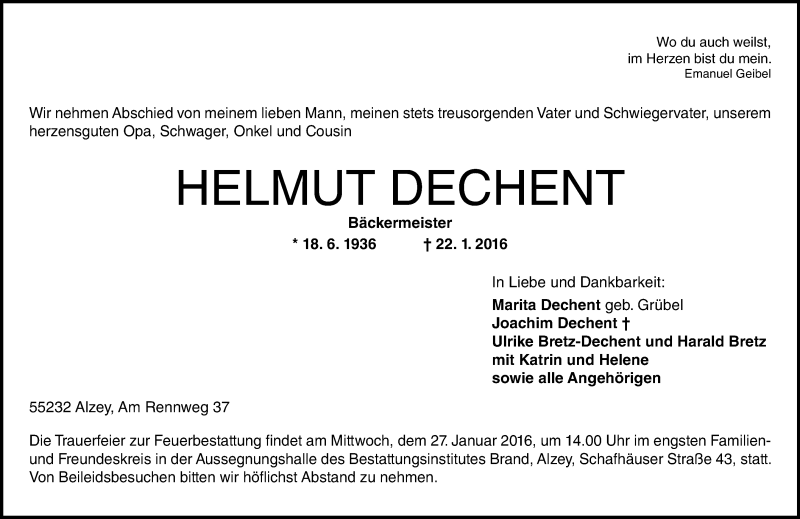  Traueranzeige für Helmut Dechent vom 25.01.2016 aus  Allgemeine Zeitung Alzey