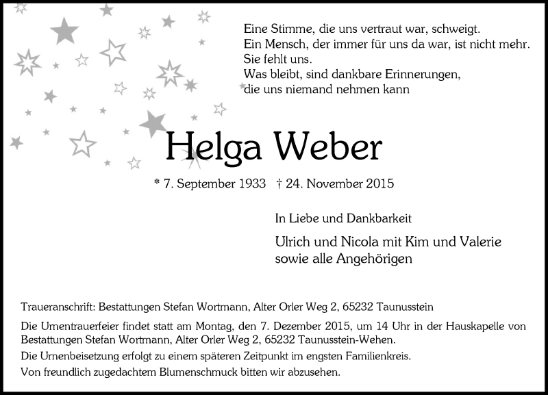  Traueranzeige für Helga Weber vom 01.12.2015 aus  Wiesbaden komplett