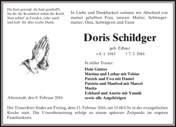 Traueranzeige von Doris Schildger von  Kreisanzeiger