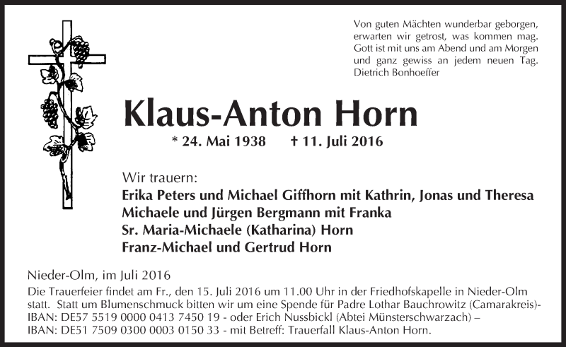  Traueranzeige für Nikolaus-Anton Horn vom 13.07.2016 aus Trauerportal Rhein Main Presse