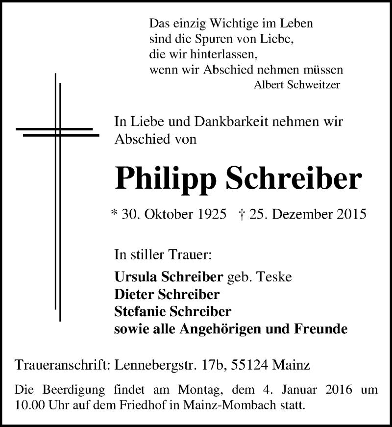  Traueranzeige für Philipp Schreiber vom 02.01.2016 aus  Allgemeine Zeitung Mainz