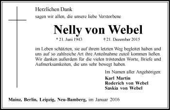 Traueranzeige von Nelly  von Webel von  Allgemeine Zeitung Mainz