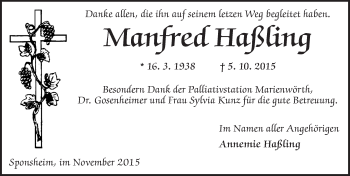 Traueranzeige von Manfred Haßling von  Allgemeine  Zeitung Ingelheim-Bingen