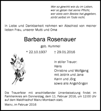 Traueranzeige von Barbara Rosenauer von  Allgemeine Zeitung Mainz